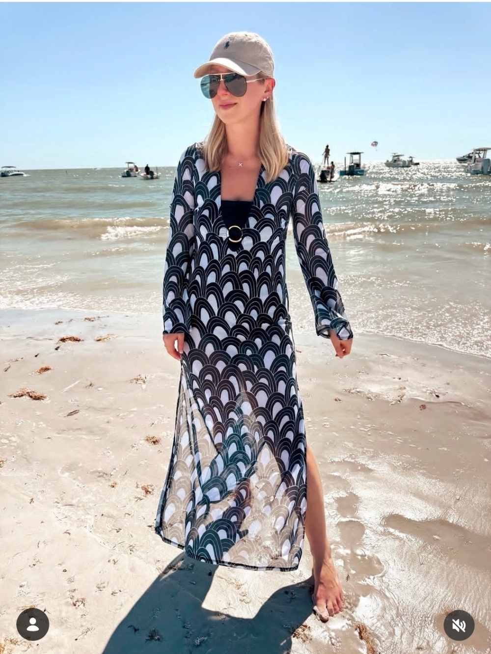 Trina Turk Sheer Wave-Print Black/White Swim Cover-Up Vacation Attire Med NWT